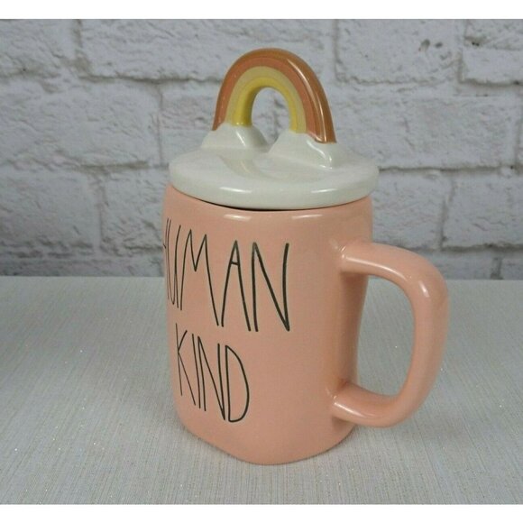 New RAE DUNN Rainbow 🌈 Figural Coffee Mug Human Kind Blush Pink With Lid Decor - Picture 2 of 12
